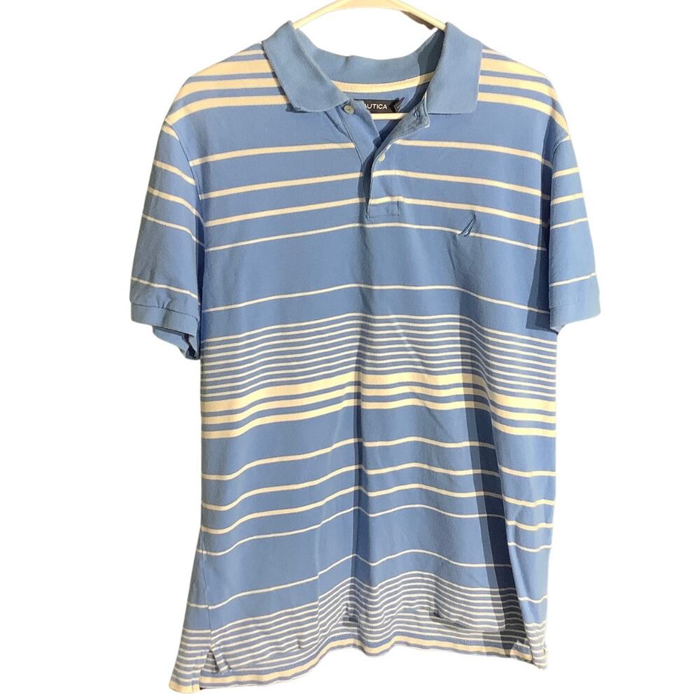 Nautica Blue White Striped Polo Shirt Men’s Size Large — Preppy, Golf, Coastal